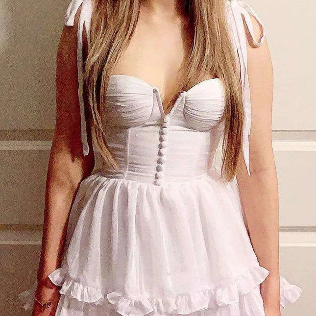 Chic Vintage V-neck Corset Dress with Enchanting Ruffle Hem