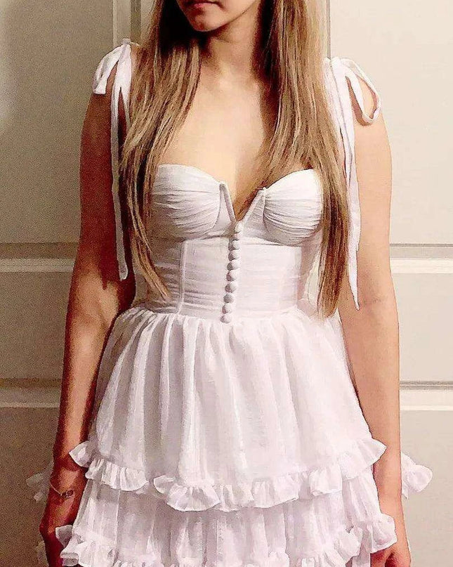 Chic Vintage V-neck Corset Dress with Enchanting Ruffle Hem