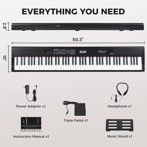 Fesley 88-Key Full-Size Portable Digital Piano with Music Stand, Power Adapter, and Sustain Pedal