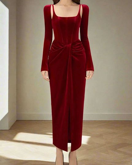 Chic Velvet Long Sleeve Cross-Front Dress with Zipper Detail for Women