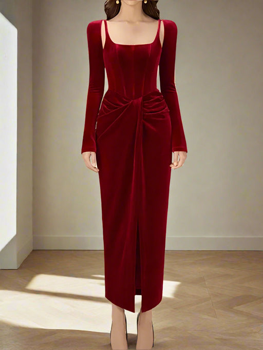 Chic Velvet Long Sleeve Cross-Front Dress with Zipper Detail for Women