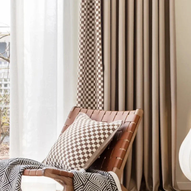 Customized French Retro Checkerboard Jacquard Curtain For Living Room Bay Window