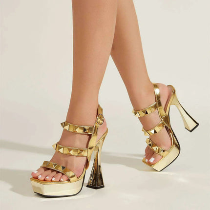 Glamorous Gold Studded Open Toe Platform Ankle Strap Heels for Women - Stylish Evening Sandals by Contemporary Designer