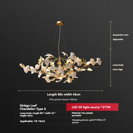 Luxury Ginkgo Leaf LED Chandelier — Nordic Pendant, Custom Sizes