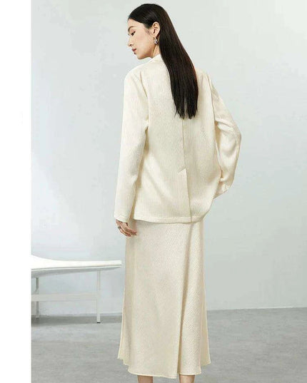 Chic Women's Satin Blazer and A-line Midi Skirt Ensemble for Autumn