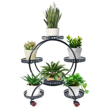 Elegant Rolling Metal Plant Display Stand with 6 Pot Holders for Indoor and Outdoor Use