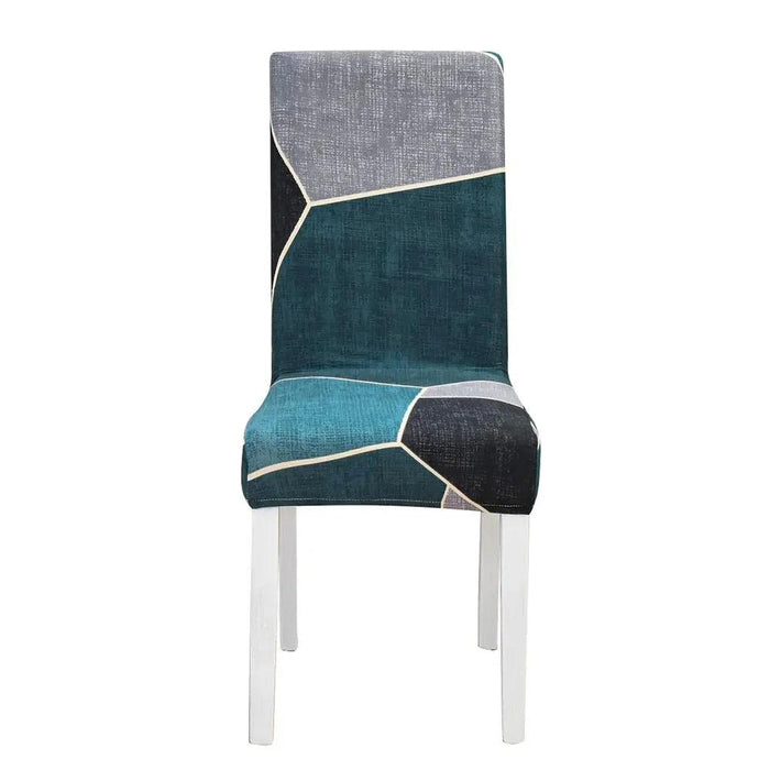 Elegant Geometric Blue-Grey Stretch Chair Covers for Stylish Dining Experiences