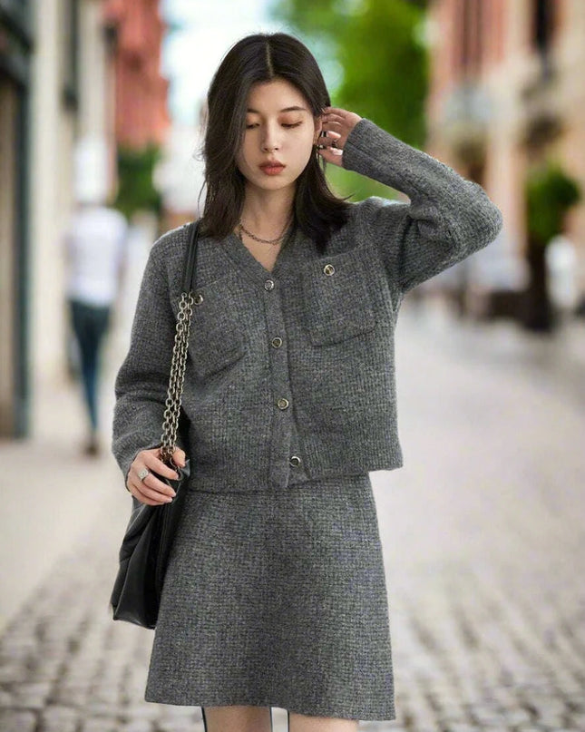 Women's Cozy Cardigan and A-line Skirt Ensemble for Spring