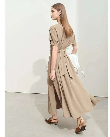 Chic Minimalist V-Neck Pleated Summer Dress with Lace-Up Detail for Women