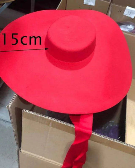 Extra Large Red Wool Fedora Hat with 15cm Brim - Stylish Flat Top