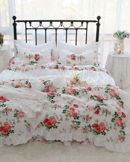 Korean Elegance Red Rose Floral Bedding Collection