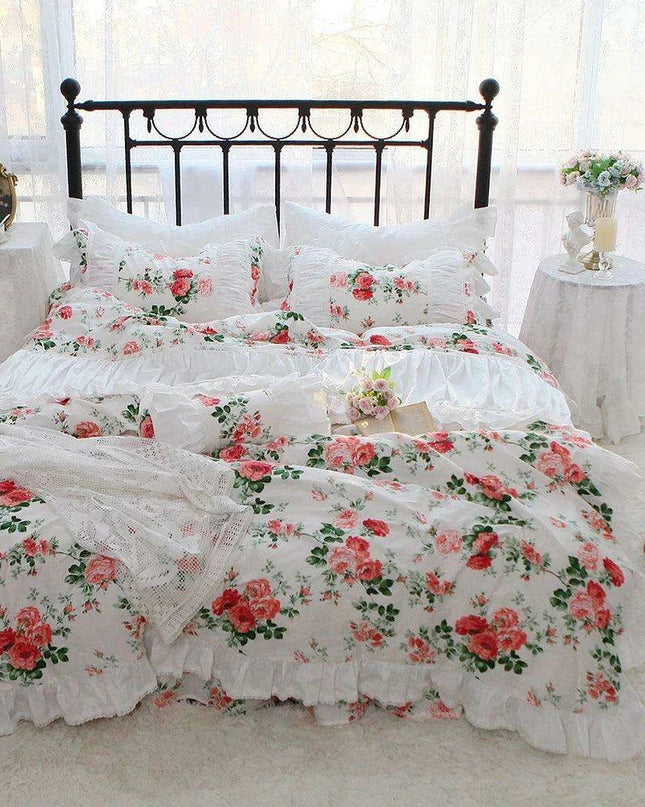 Korean Elegance Red Rose Floral Bedding Collection