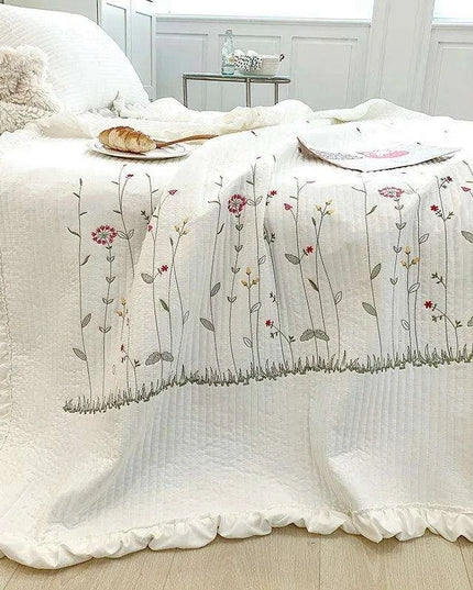 Embroidered Ruffle Flower Summer Quilt Set