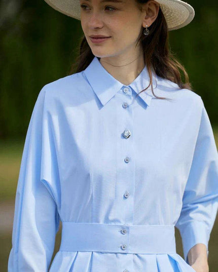 Elegant White Pleated Shirt Dress with Belt for Women - Spring Collection