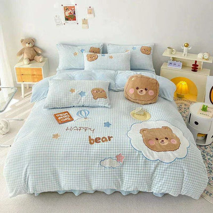 Charming Pink Bunny Applique Fleece Bedding Set - Duvet Cover, Fitted Sheet, Bed Skirt & Pillowcases