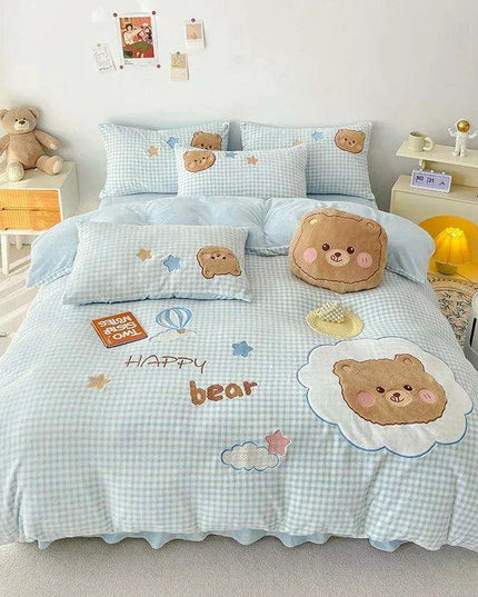 Charming Pink Bunny Applique Fleece Bedding Set - Duvet Cover, Fitted Sheet, Bed Skirt & Pillowcases