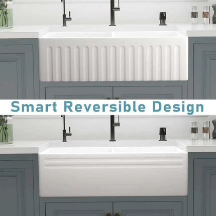 33-Inch Stylish Double Bowl Fireclay Farmhouse Sink with Reversible Apron Front by HausinLuck - Elegant White Design