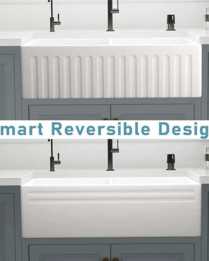33-Inch Stylish Double Bowl Fireclay Farmhouse Sink with Reversible Apron Front by HausinLuck - Elegant White Design
