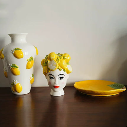 Hand Drawn Lemon Relief Ceramic Vase, Lemon Girl Desktop Flower Vase,