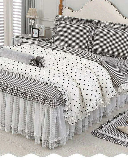 Polka Dot Cotton Luxurious 4-Piece Set with Ruffled Duvet Cover and Coordinated Bed Skirt