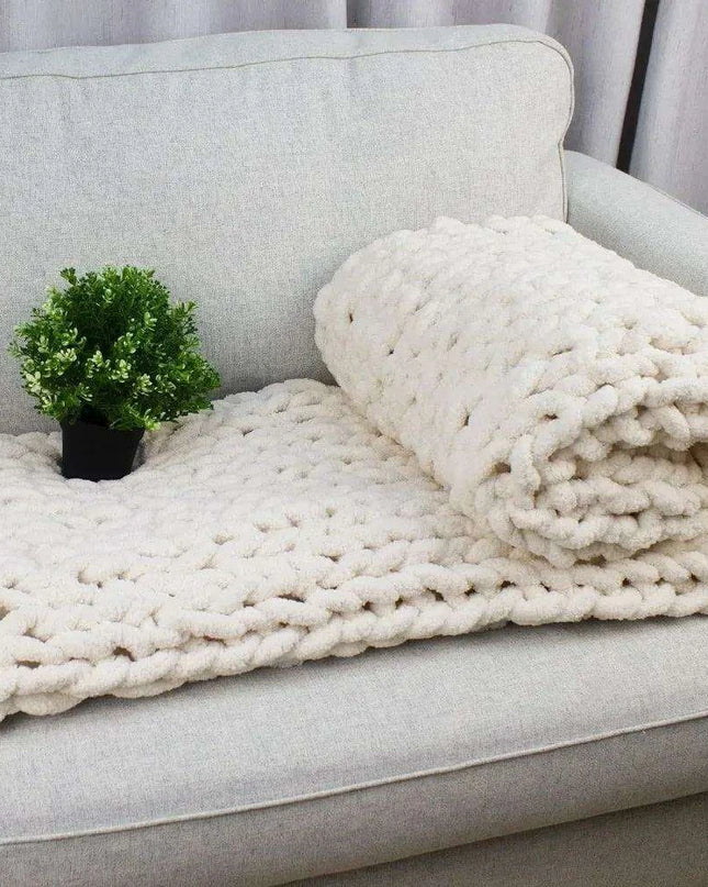 Chic Cream White Plaid Oversized Chunky Knit Throw Blanket - Autumn Comfort