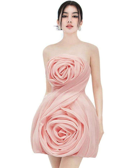3D Floral Strapless Mini A-line Dress for Women – Slim Waist