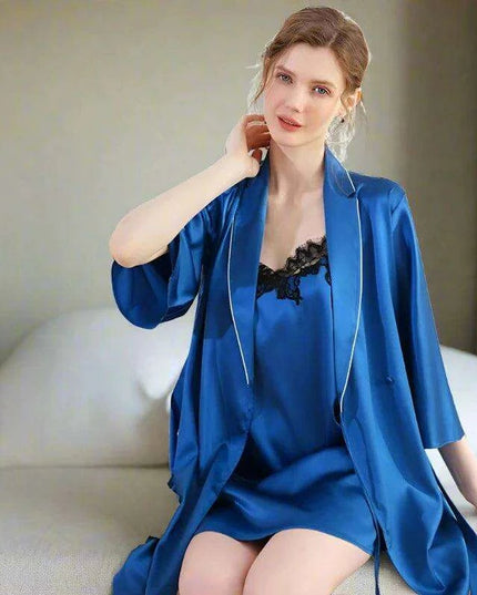 Luxurious Blue Mulberry Silk Robe and Gown Set for Women