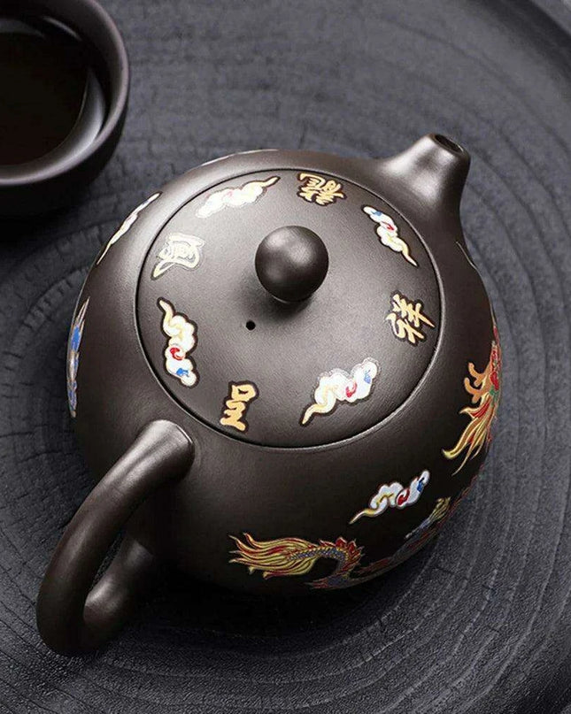 Artisan Dragon and Phoenix Purple Clay Teapot for Traditional Kung Fu Tea Ceremony