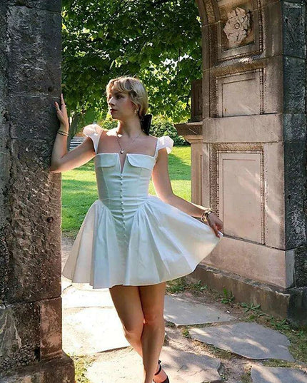 Chic White V-neck A-line Evening Gown with Stylish Button Embellishments and Flowy Pleats for Women