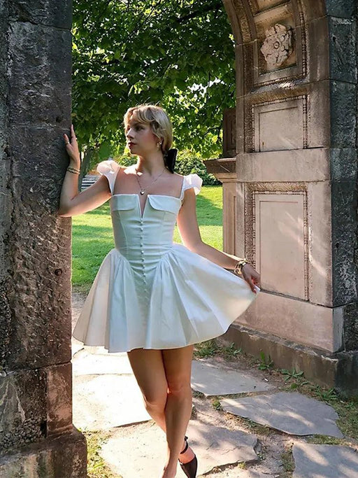 Chic White V-neck A-line Evening Gown with Stylish Button Embellishments and Flowy Pleats for Women