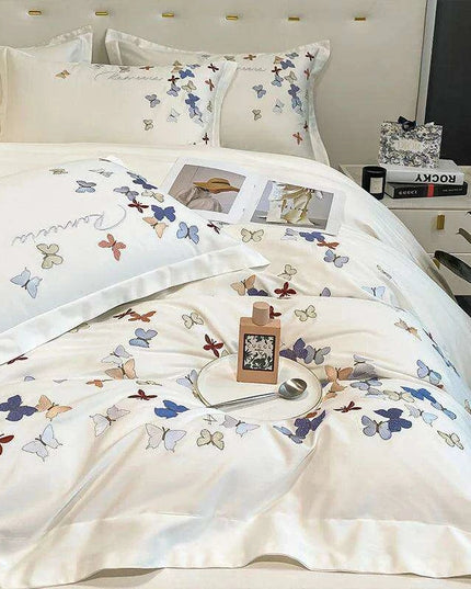 Exquisite 100% Egyptian Cotton Butterfly Embroidered Luxury Bedding Set with Duvet Cover, Sheets, and Pillowcases