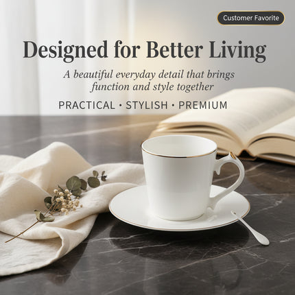 Gold-Rimmed Bone China Coffee Cup & Saucer Set | Très Elite