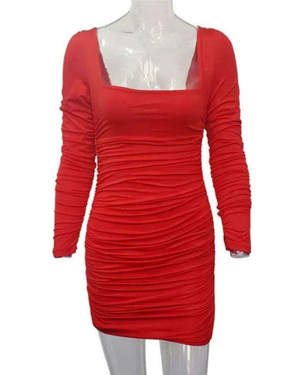 Sophisticated Autumn Pleated Bodycon Dress with Long Sleeves and Square Neck for Women by Josiaoprah