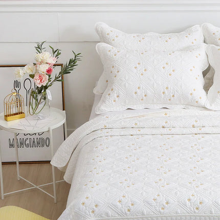 Plum Floral Embroidery Quilted Bedspread Set – 3-Piece 100% Cotton