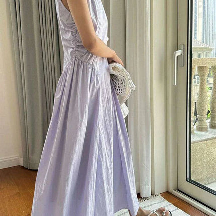 Chic White Pleated Plus Size Maxi Dress for Women - Sleeveless Round Neck Style