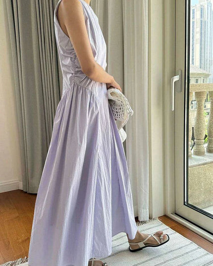 Chic White Pleated Plus Size Maxi Dress for Women - Sleeveless Round Neck Style