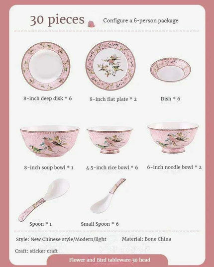 Charming Pink Bone Porcelain Dining Set: 30-Piece Complete Tableware Collection with Bowls, Plates, and Chopsticks