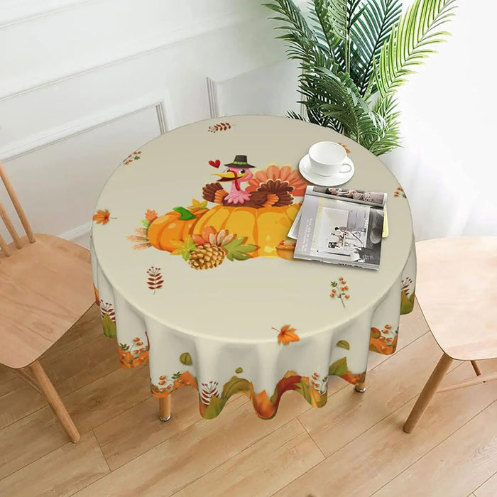 Turkey Harvest Feast Round Tablecloth | Autumn Leaves Design | 60 Inches