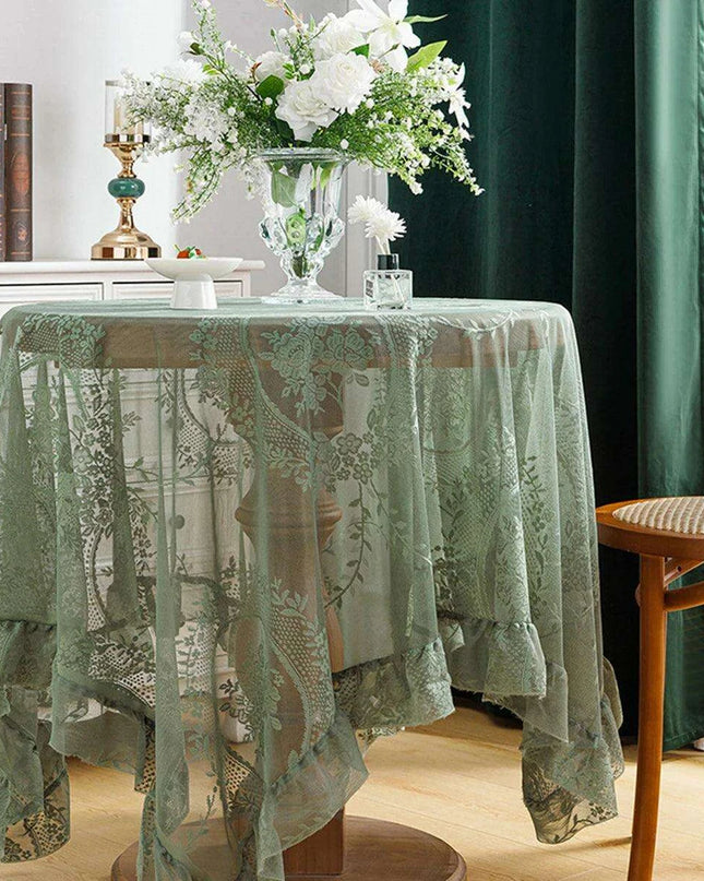 Chic Vintage Dark Green Floral Tulle Tablecloth with Ruffled Edges for Elegant Dining