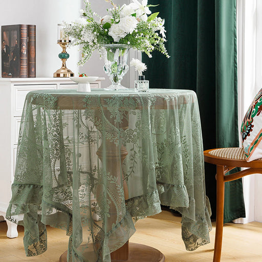 Vintage Dark Green Floral Mesh Tulle Tablecloth with Elegant Ruffles