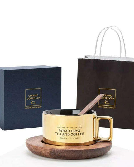 Classic American Elegance: Ceramic Coffee Mug Set with Walnut Holder and Gift Box