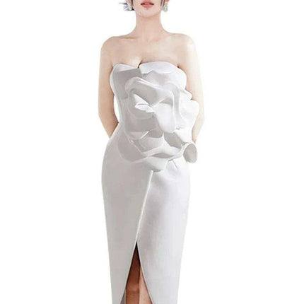 Strapless Evening Gown with 3D Floral Embellishments and Side Slit - Solid Color Zipper Style