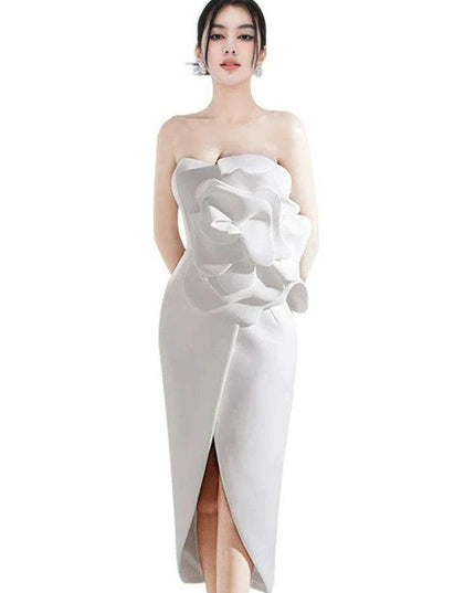 Strapless Evening Gown with 3D Floral Embellishments and Side Slit - Solid Color Zipper Style