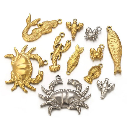 5PCS Stainless Steel Lobster Charms Mermaid Crab Connectors Gold-Plate