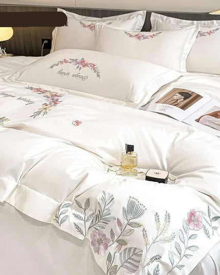 Elegant Floral Embroidered Egyptian Cotton Bedding Collection - Duvet Cover, Bed Sheet & Pillowcases in Soft Pastels
