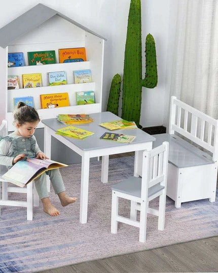 Stylish Grey and White Children's Table Set with Storage Bench and Two Chairs - Ideal for Imaginative Play and Learning Activities