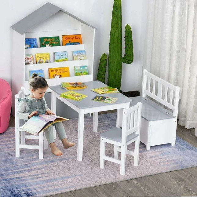 Stylish Grey and White Children's Table Set with Storage Bench and Two Chairs - Ideal for Imaginative Play and Learning Activities