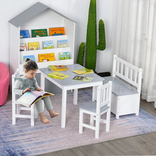 4-Piece Kids Table Set with 2 Wooden Chairs, 1 Storage Bench, and Interesting Modern Design - Grey/White