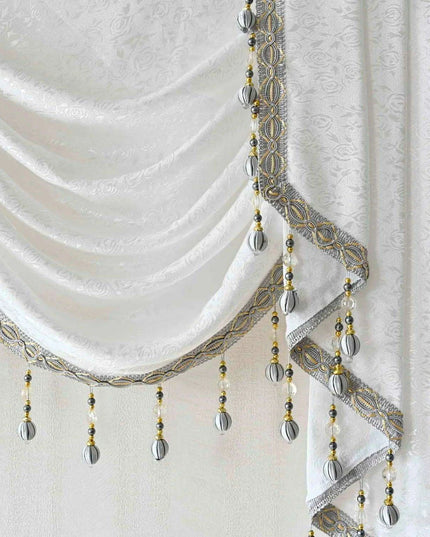Sophisticated Gray Beaded Waterfall Swag Valance - Luxurious Rod Pocket Curtain Treatment