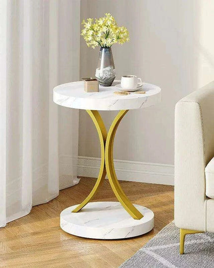 Chic Gold and White Faux Marble Side Table with Modern C-Frame Design